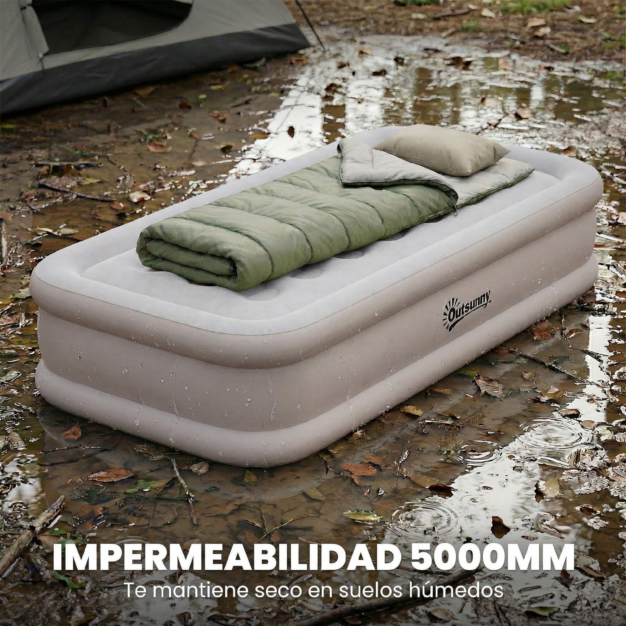 Colchón Hinchable Individual 190x97x39 cm con Bomba Integrada, Inflado 3 Min Desinflado 2 Min, Colchón Inflable Plegable Impermeable, Bolsa Transporte, Superficie Flocado, Carga 200 kg, Caqui