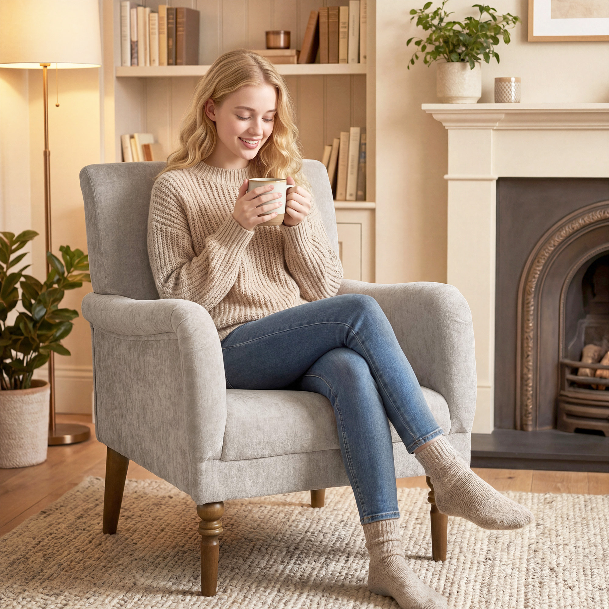 Sillón Relax, Sofá Individual, Tapizado en Lino, Reposabrazos Estilizados, Patas de Madera Maciza, Acolchado Grueso para Salón, Dormitorio y Oficina, Gris