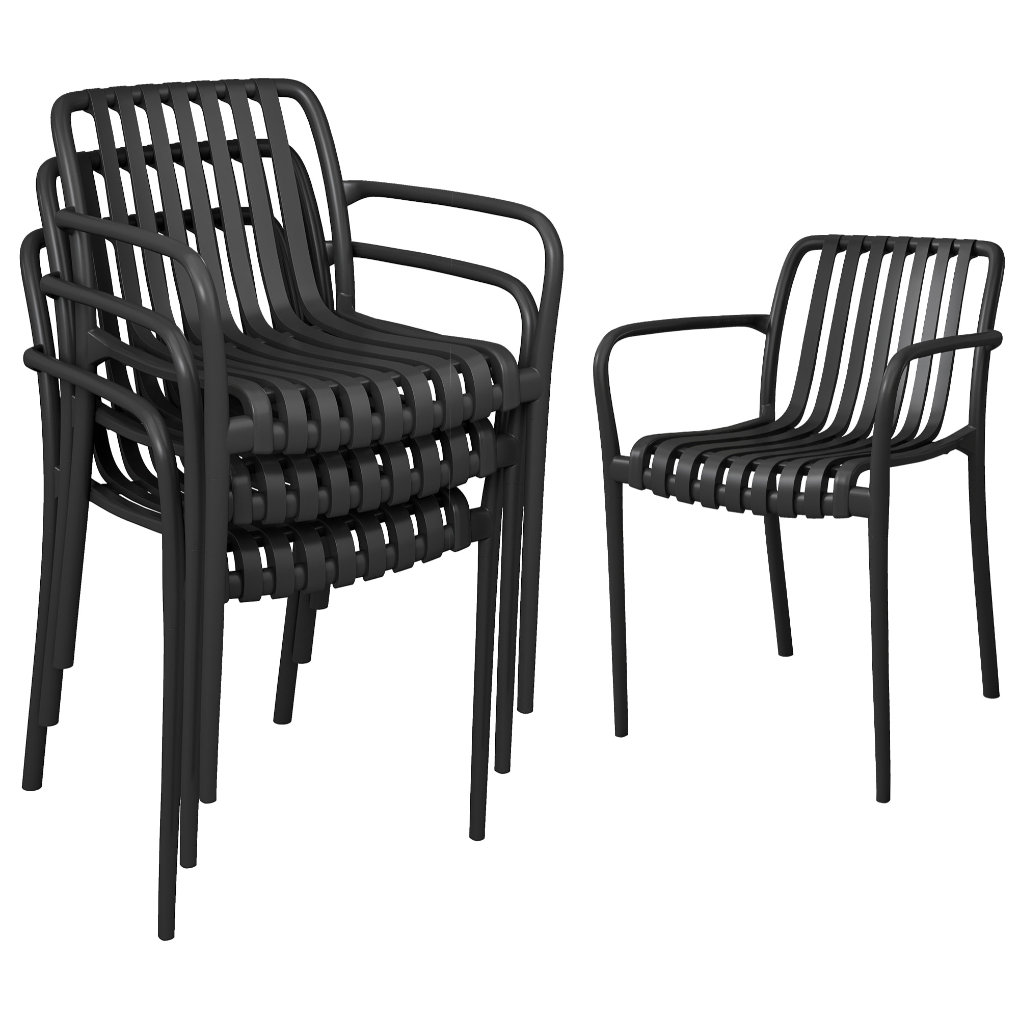 Juego de 4 Sillas de Jardín Exterior Apilables, Sillas Terraza Exterior de PP con Respaldo Curvado, Asiento de Listones, Reposabrazos, 55x58,5x81,5 cm, Negro