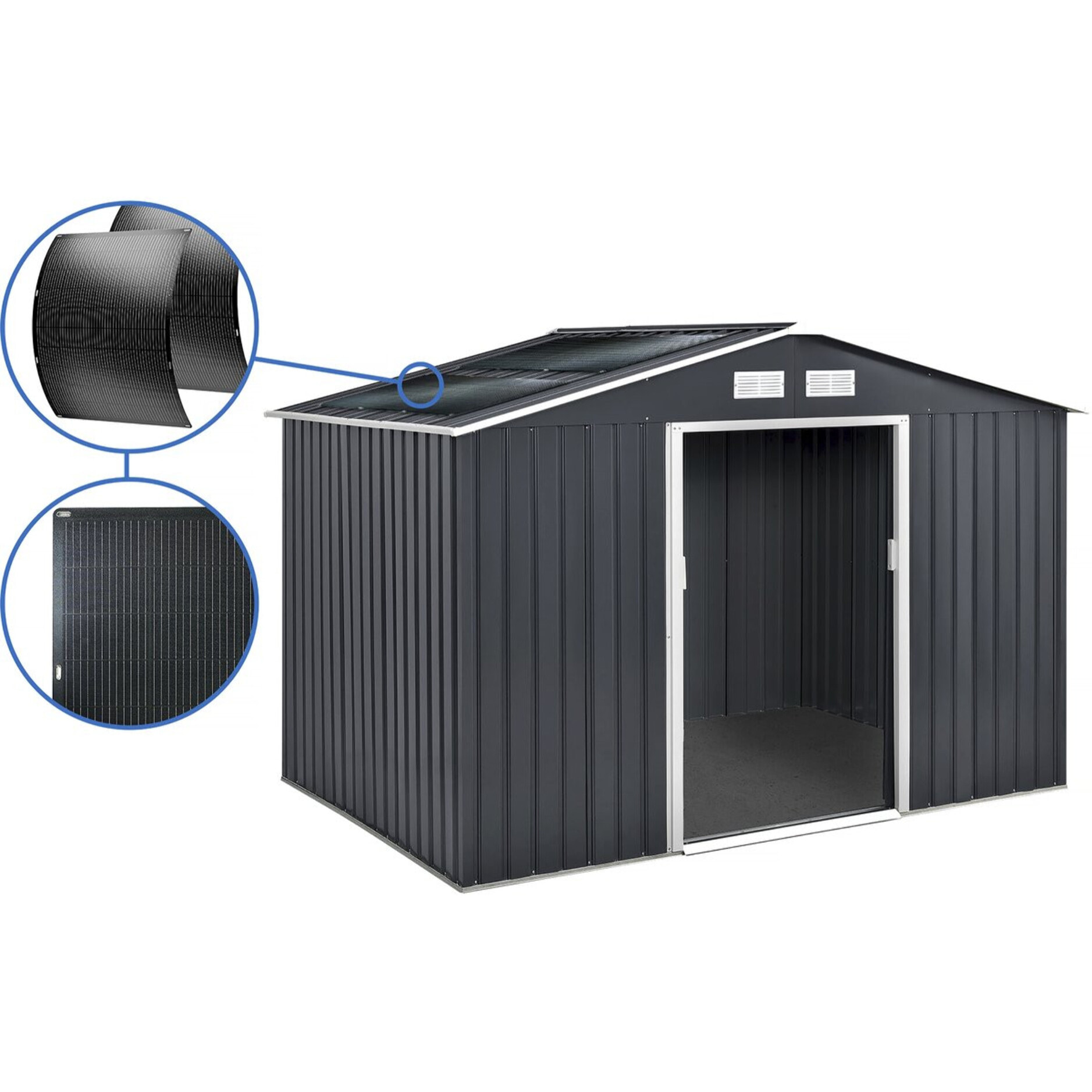 Abri de jardin métal - "Vegas" - 7.06 m² avec panneaux solaires - Gris