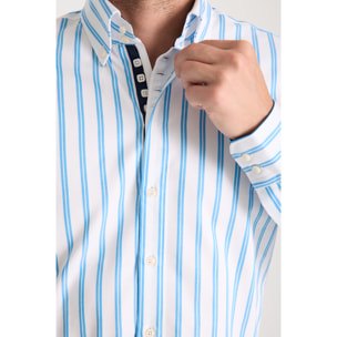 Camicia Uomo 2 Bottoni Button Down Slim Armaturato Riga Larga Bianco e Turchese