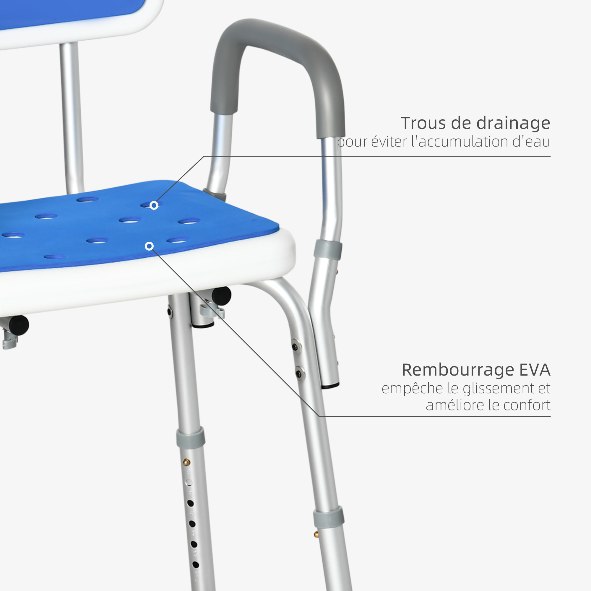 Chaise de douche siège de douche ergonomique hauteur réglable pieds antidérapants charge max. 136 Kg alu HDPE blanc bleu