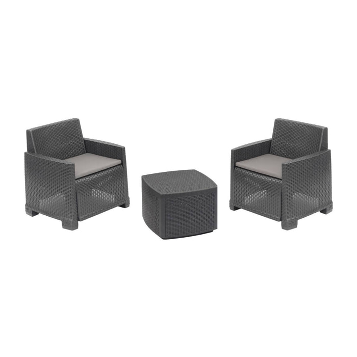 Set salotto da esterno Dbelpan, Set da giardino con 2 poltrone e 1 tavolino contenitore, Effetto rattan con cuscini, 100% Made in Italy, Antracite