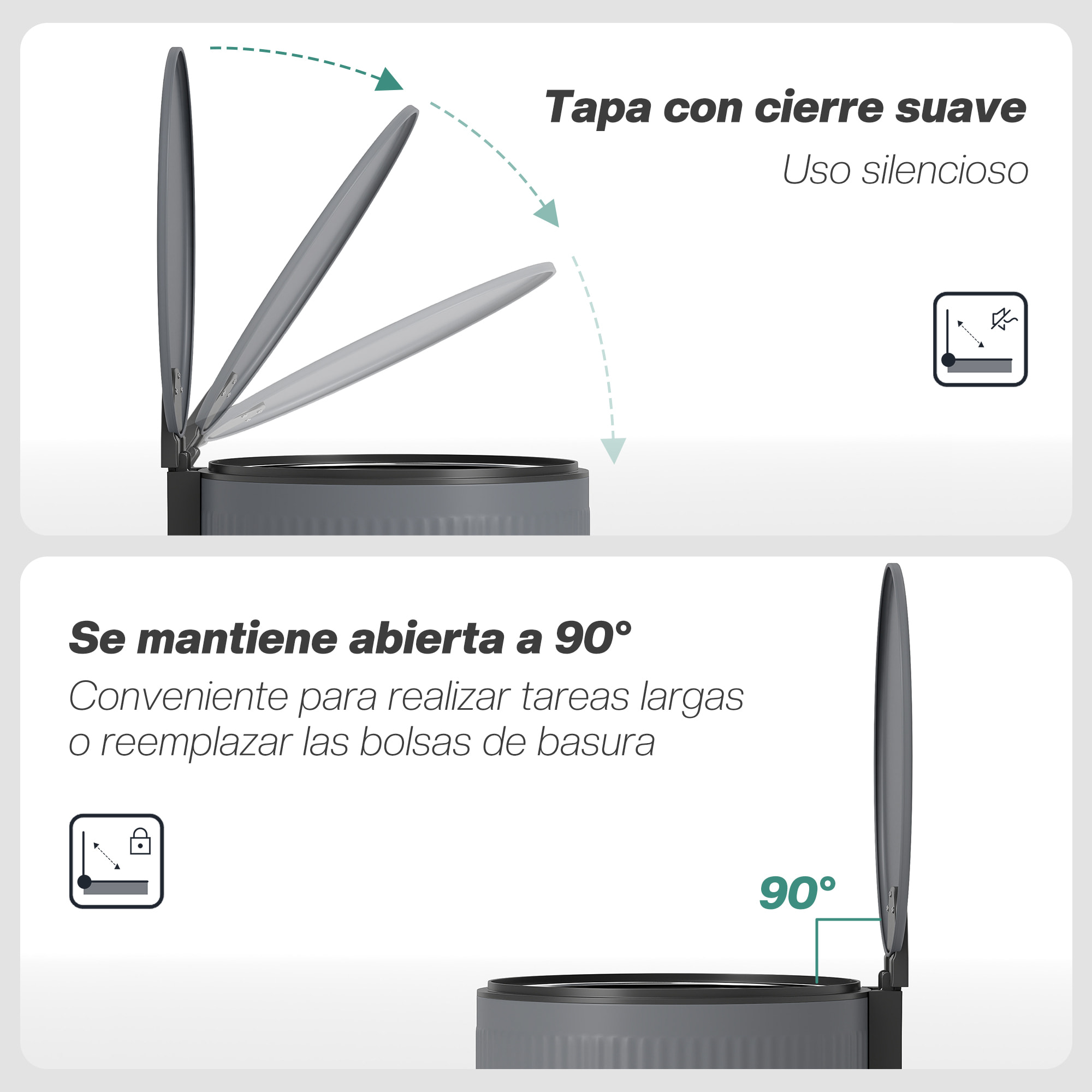 Cubo de Basura Cocina con Pedal, 30L, Papelera de Cocina Metálico con Tapa de Cierre Suave y Cubo Extraíble, para Dormitorio, Oficina, Estudio y Salón, 36x30x60,5 cm, Gris Oscuro