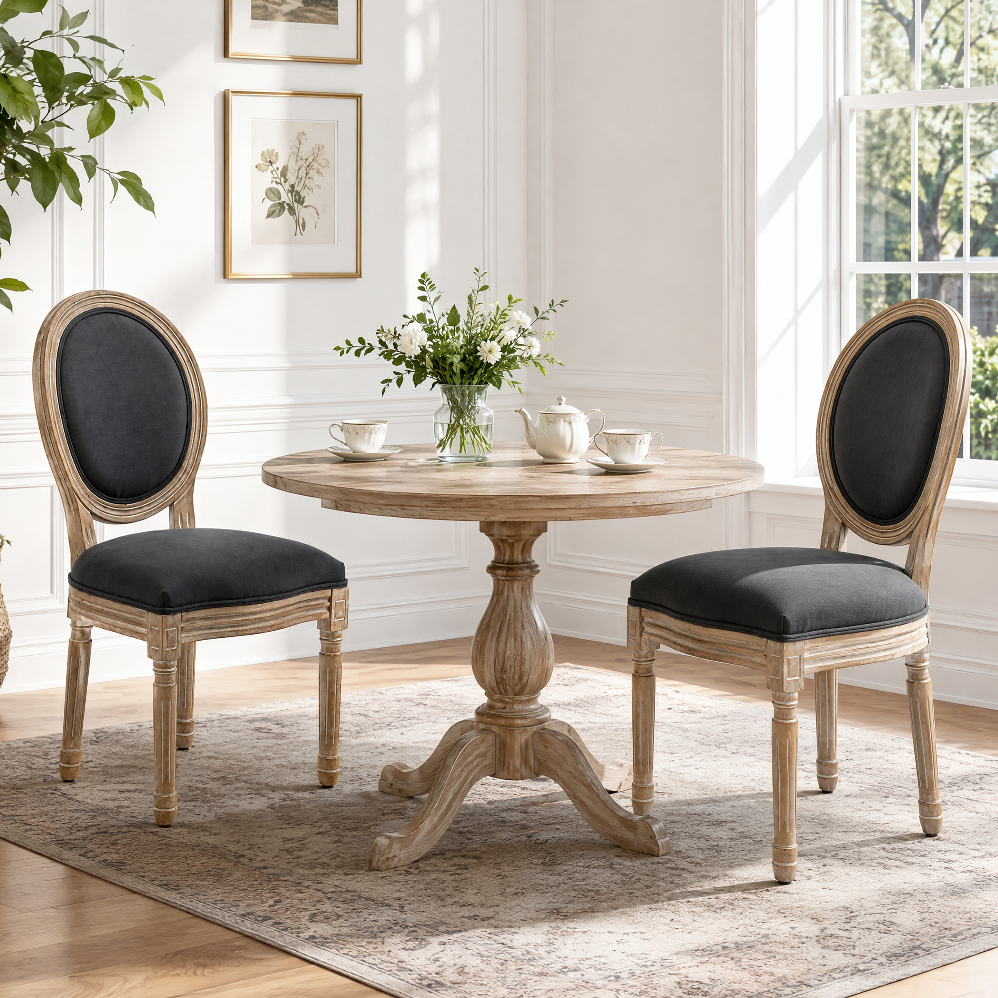 Lot de 2 chaises de salle à manger - chaise de salon médaillon style Louis XVI - bois massif sculpté, patiné - aspect lin gris