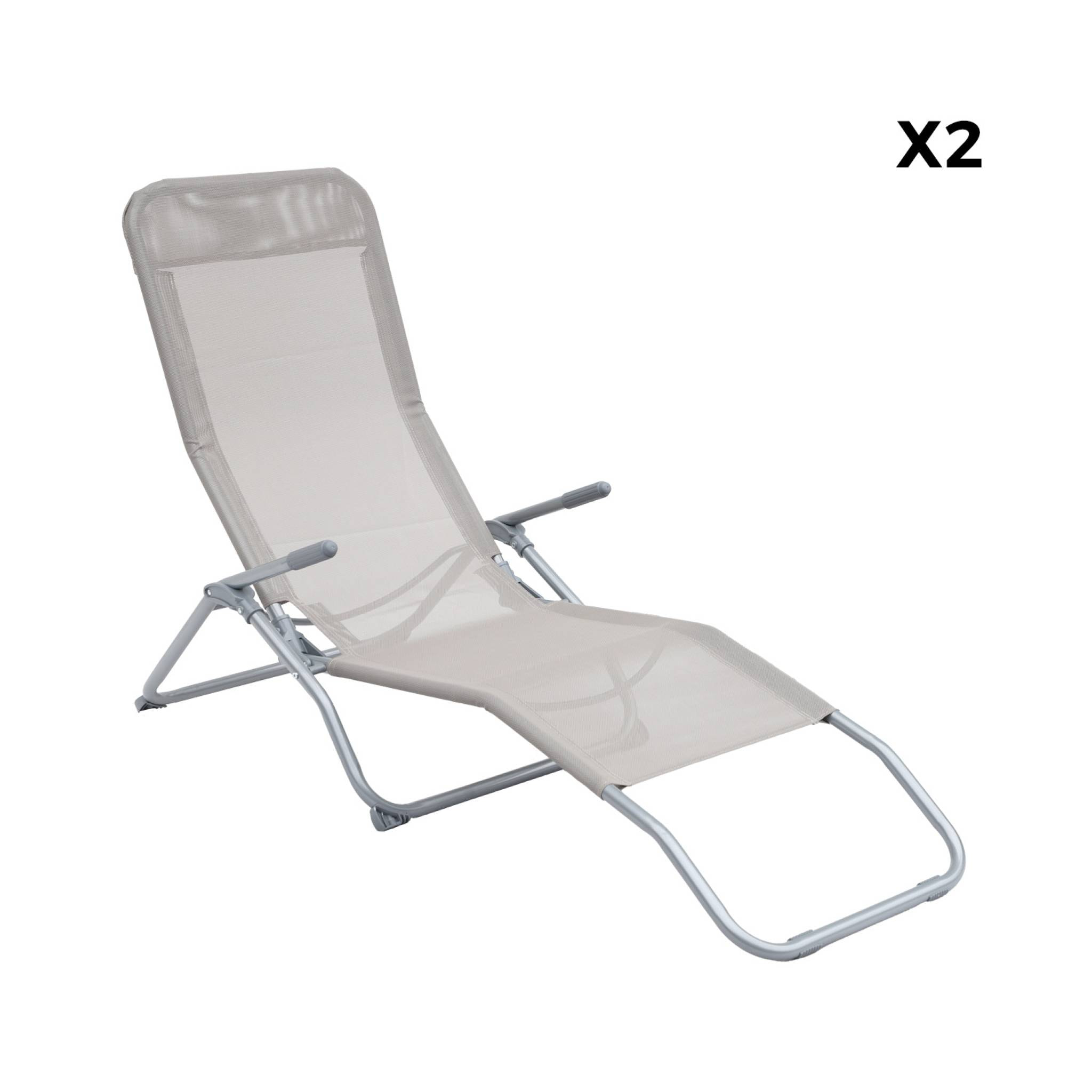 Lot de 2 bains de soleil pliants - Levito Gris taupe- Transats textilène 2 positions. chaises longues