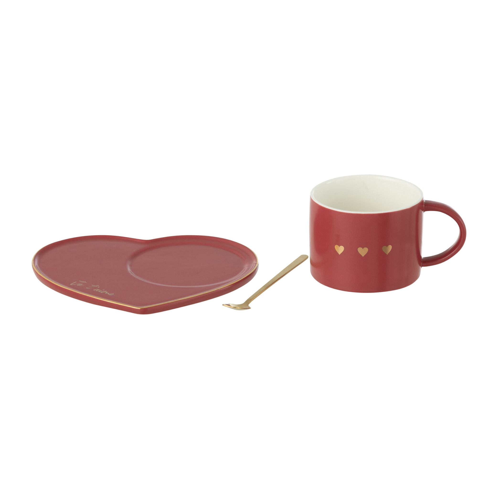 J-Line tasse + sous-tasse + cuillère 3 coeur - céramique - rouge