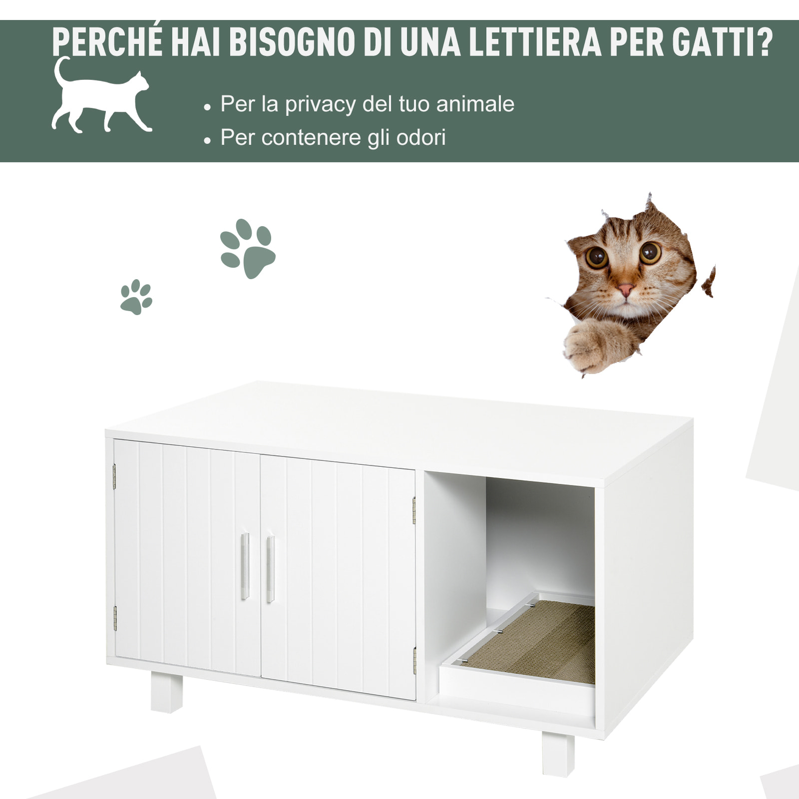 PawHut Mobile per Lettiera Gatti in Legno, 2 Ante e Apertura Laterale con Tiragraffi