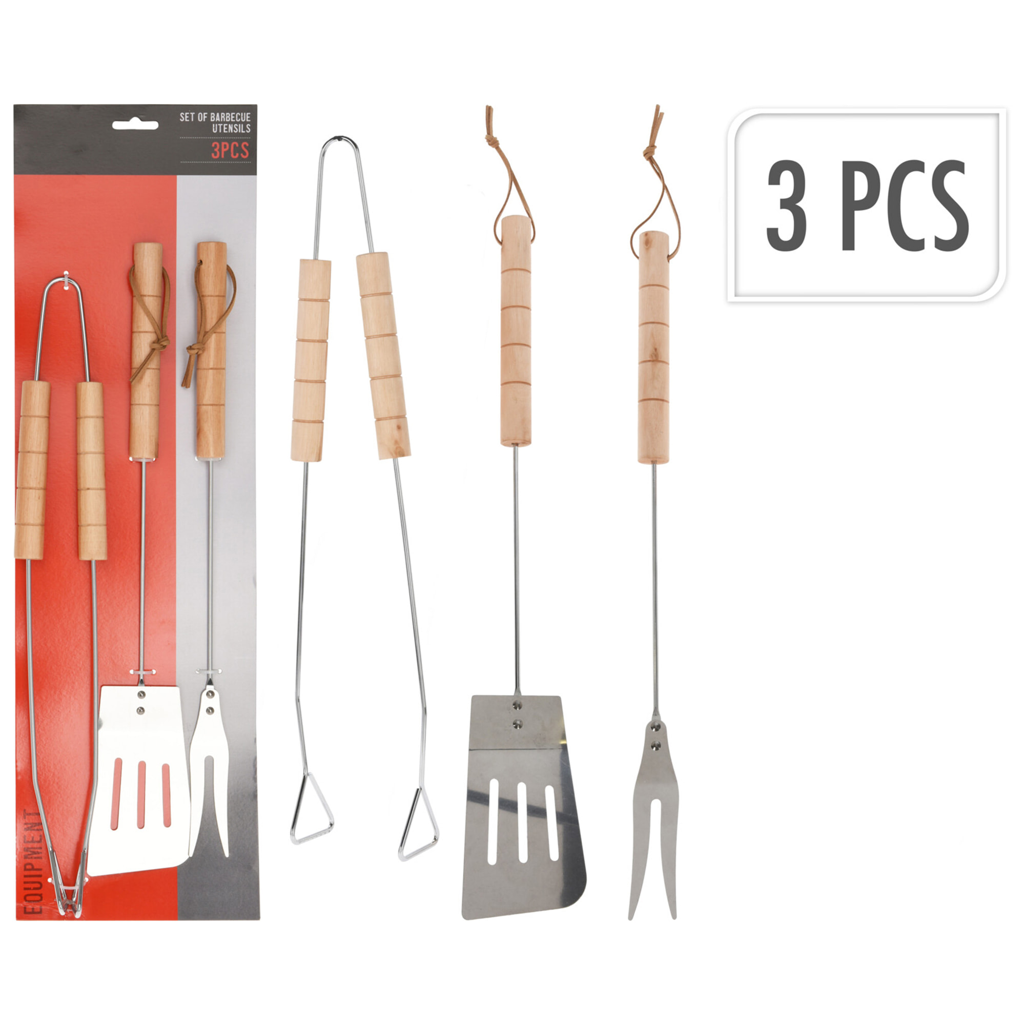 Set de herramientas para barbacoa de acero cromado con mango de madera