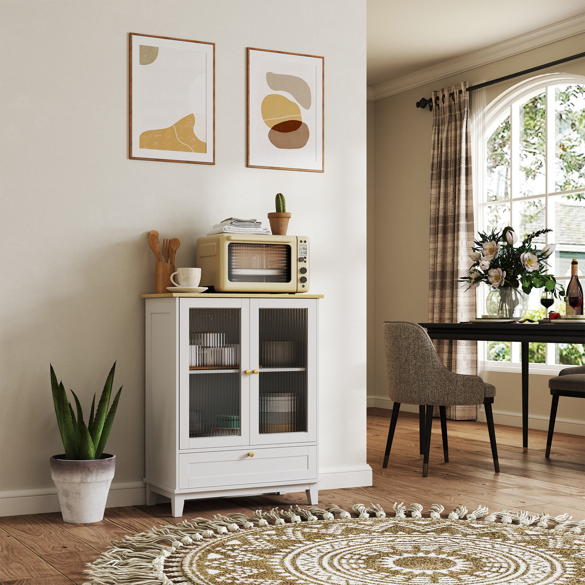 Aparador de 2 Puertas de Vidrio Aparador de Salón con Cajón y Estante Ajustable Mueble Aparador de Dormitorio Sala de Estar 68x35x85 cm Blanco y Roble