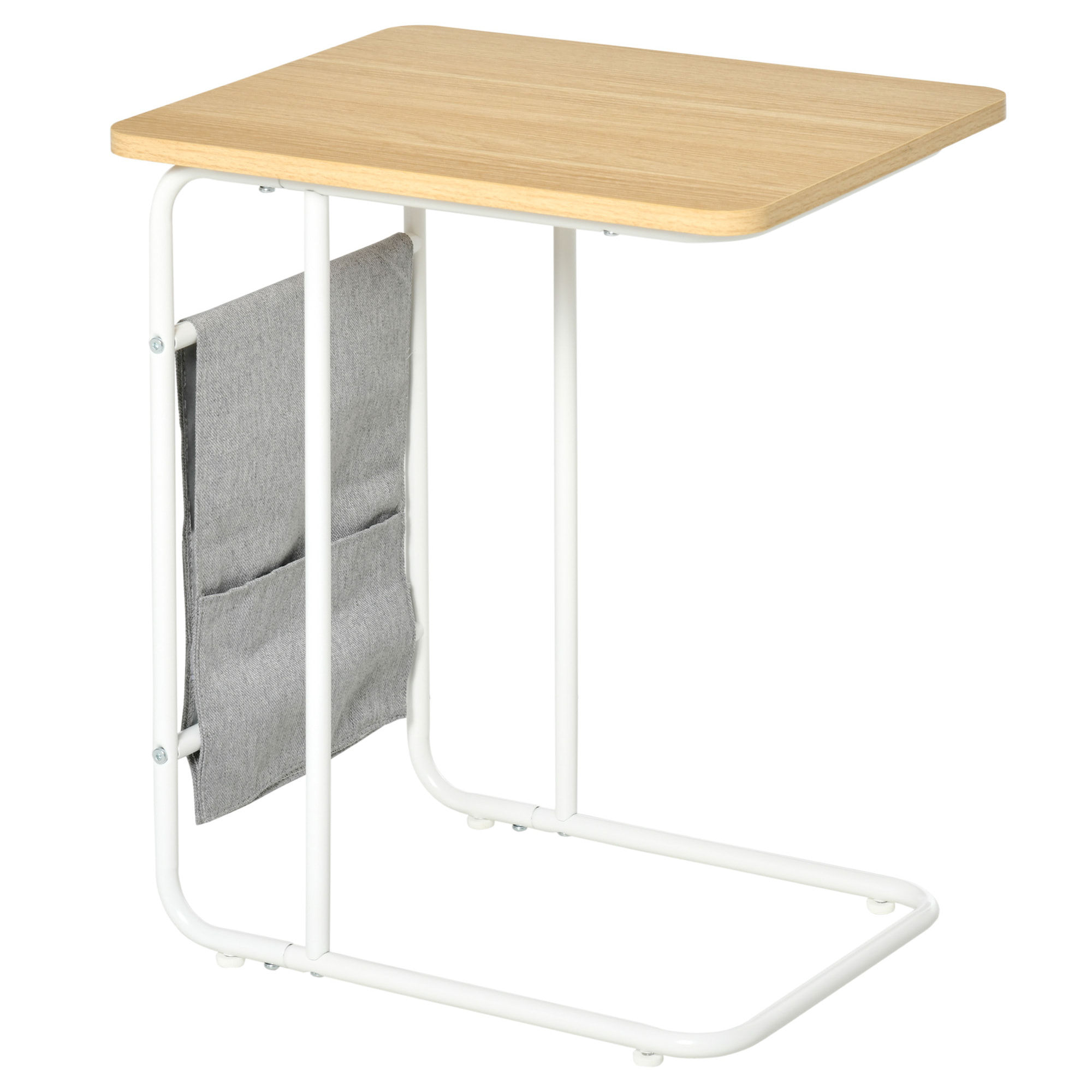 HOMCOM Mesa Auxiliar de Sofá en Forma de C con Bolsa de Almacenaje Extraíble Mesa Lateral para Salón Dormitorio Oficina 37x48x55,8 cm Roble y Blanco