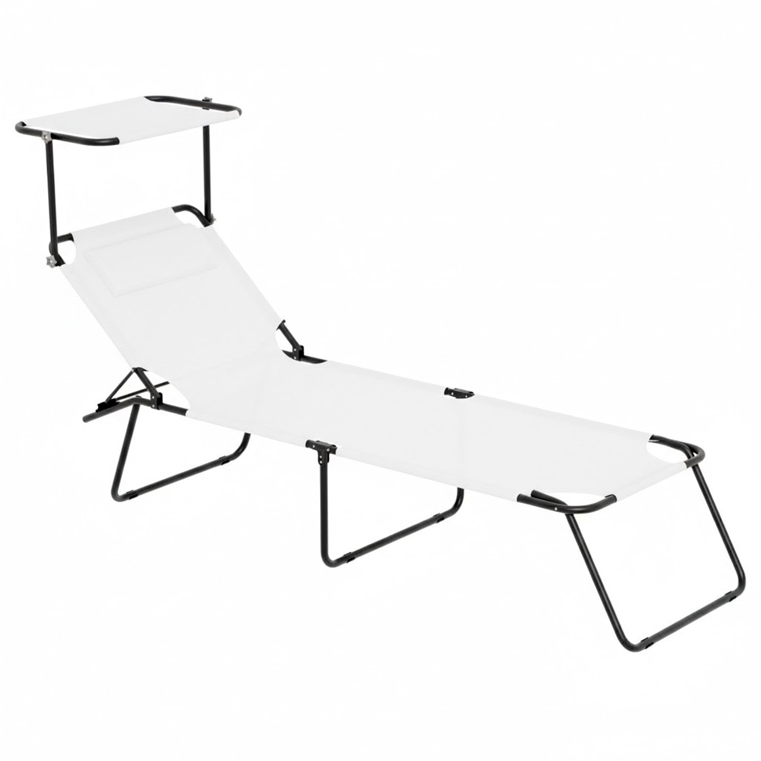 2 Lettini Pieghevoli con Tettuccio Regolabile e Schienale Reclinabile, Struttura in Metallo Nero, Sdraio Prendisole 187 x 53 x 24 cm (Bianco)