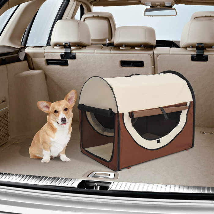 Sac de transport pour chien et chat pliable - poignée, entrée zippée, fenêtres maillées enroulables- coussin inclus - acier oxford marron beige