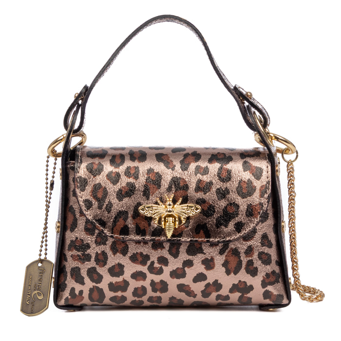 Aquileia bolso de mano mujer. Piel auténtica Gamuza con estampado animal print leopardo lacada brillante.