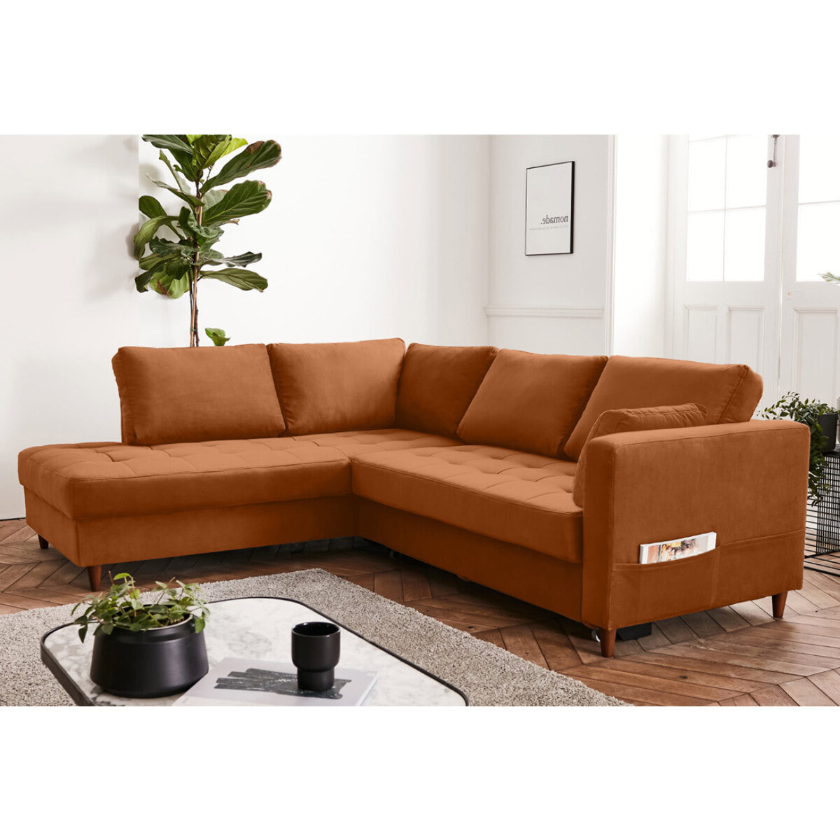 Anna - canapé d'angle gauche - 5 places - convertible - en velours - Rouille