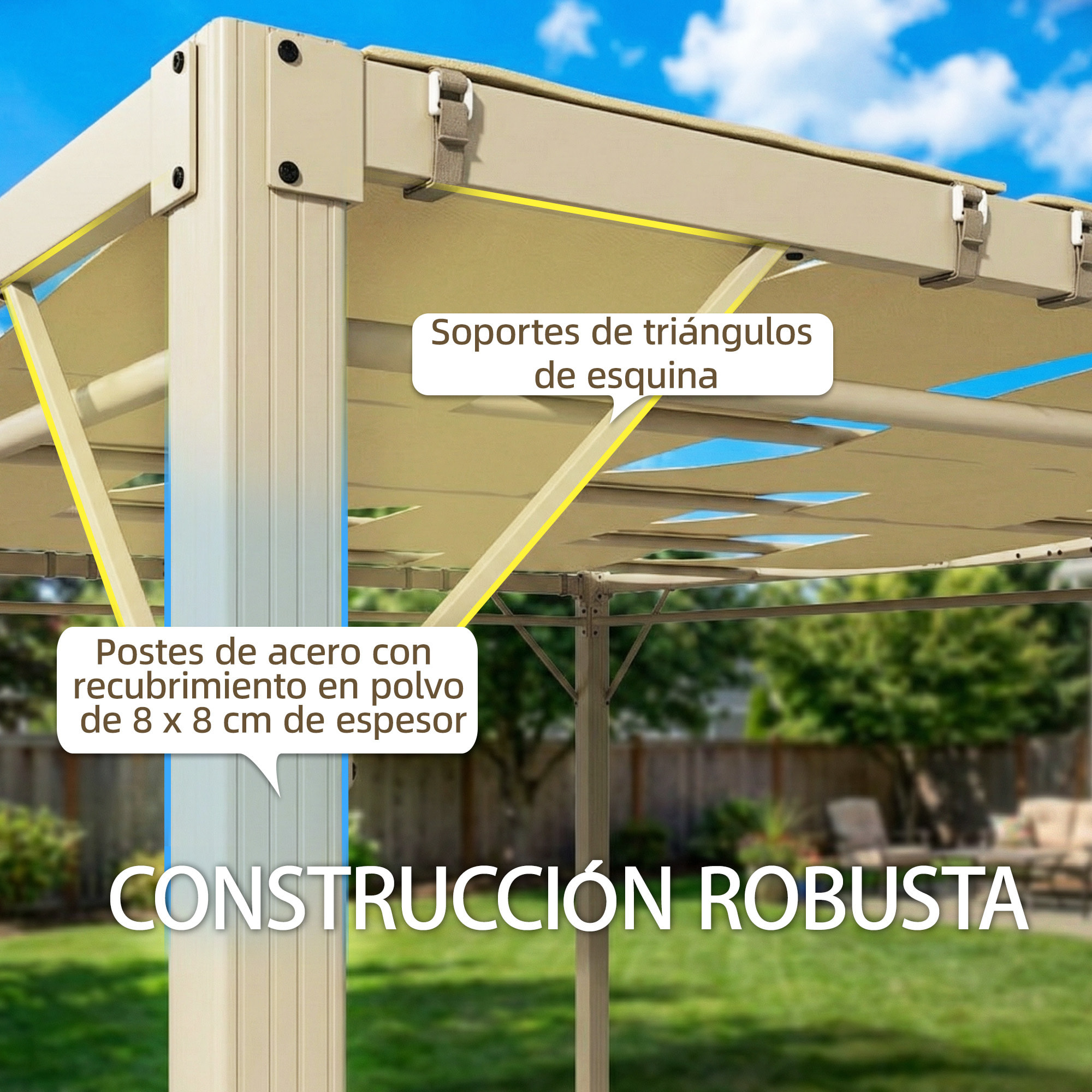 Pérgola de Jardín 3x4 m, Cenador de Jardín con Techo Ondulado, 4 Cortinas Extraíbles, Protección UPF50+ y Estructura de Acero Resistente, Pabellón para Exterior, Patio, Terraza, Beige