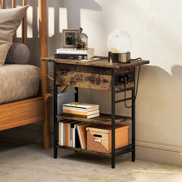 Console style industriel avec station de charge prises secteur et USB dim. 60 x 30 x 58,5 cm métal noir effet bois vieilli