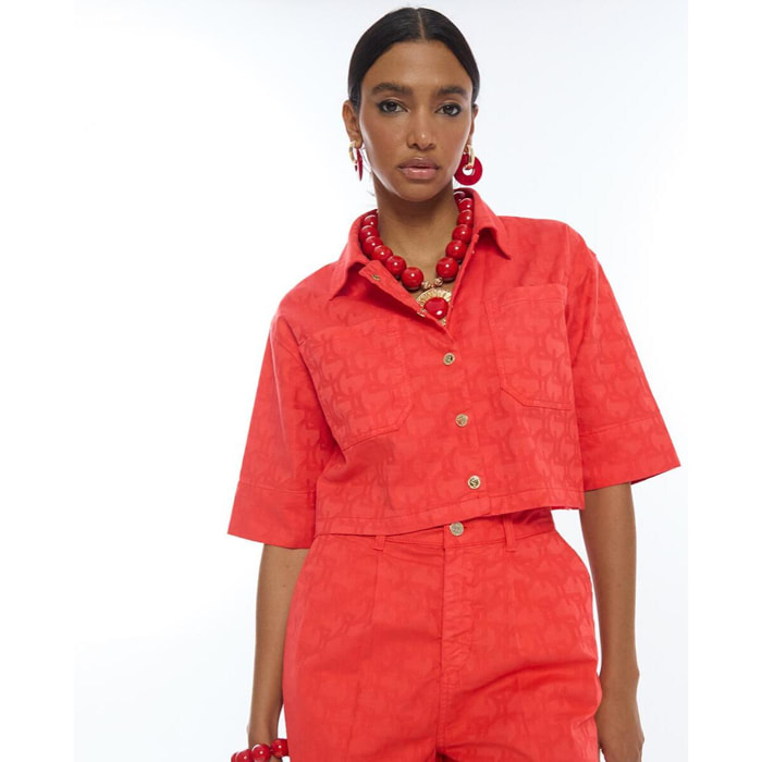 Camicia a maniche corte in twill con logo Jacquard LC