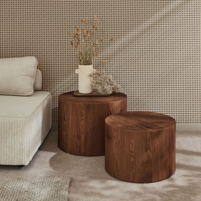 Lot de 2 tables basses rondes effet noyer. Ø58 x H 40cm / Ø50 x H 33cm SYLVA