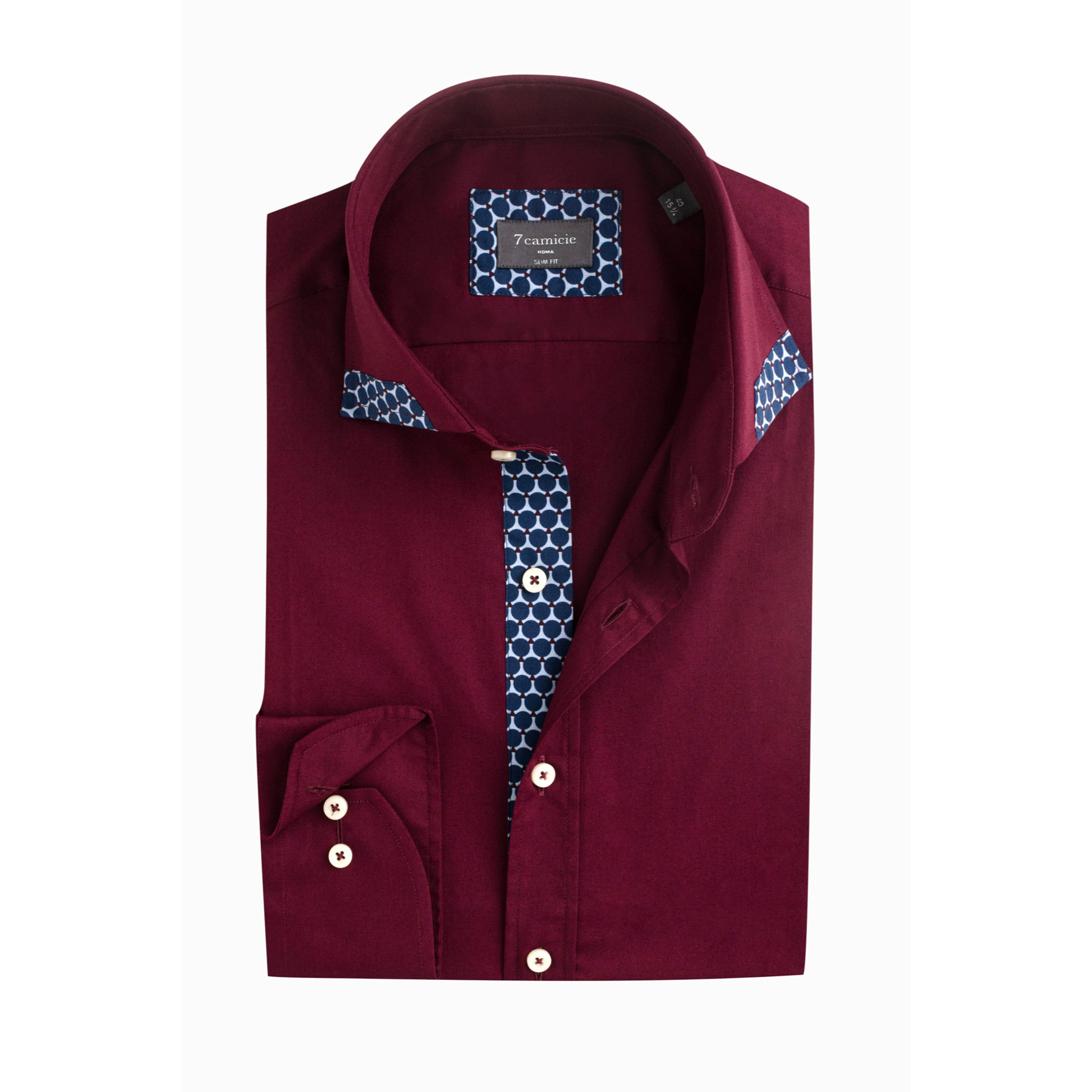 Camicia Uomo 1 Bottone Francese Contrasto sul Collo Popeline Stretch Unito Bordeaux