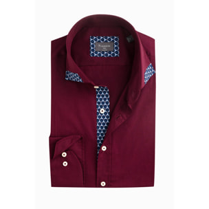 Camicia Uomo 1 Bottone Francese Contrasto sul Collo Popeline Stretch Unito Bordeaux