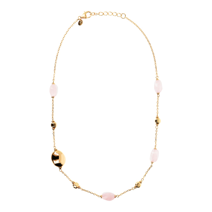 Collana Catena Rolo con Bead in Argento 925 placcato Oro 18kt e Pietra Naturale Sfaccettata Quarzo Rosa