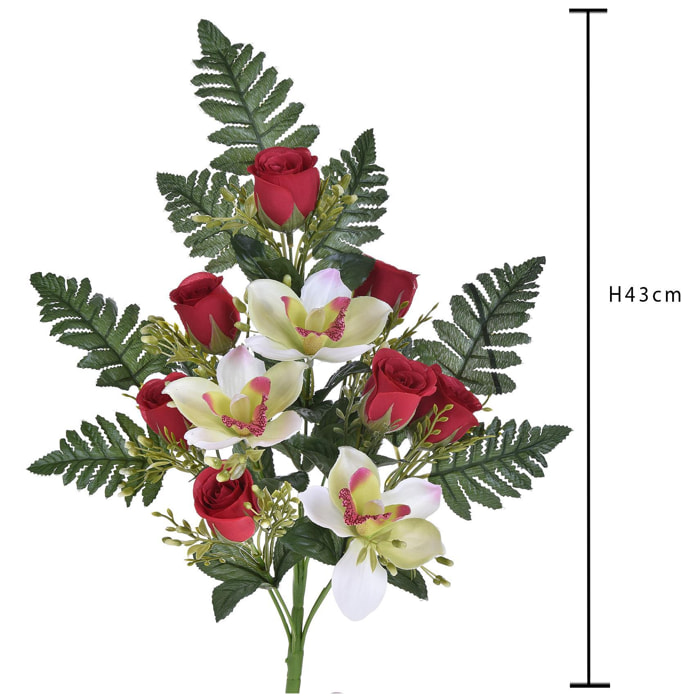 Bouquet Frontale Di Cymbidium E Rose. Altezza 43 Cm - Pezzi 4 - 16X43X15cm - Colore: Rosso - Bianchi Dino - Fiori Artificiali