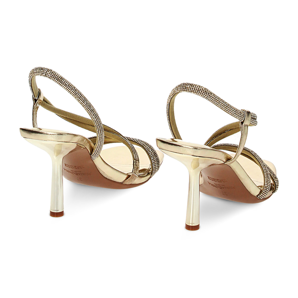 Sandalo donna dorato laminato con pietre, tacco 8,5 cm