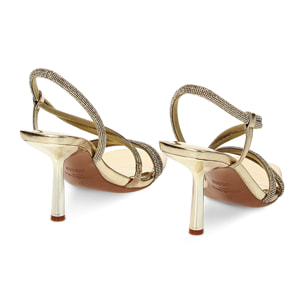 Sandalo donna dorato laminato con pietre, tacco 8,5 cm