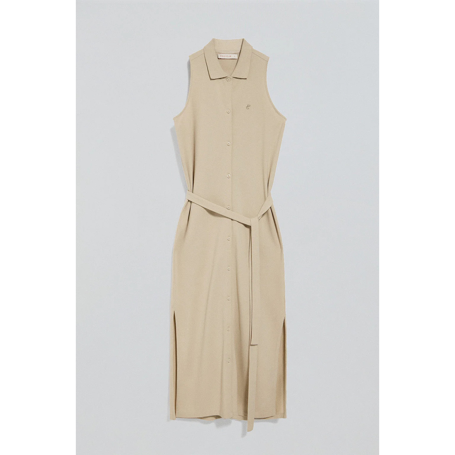 Vestito beige smanicato e abbottonato con monogramma ricamato