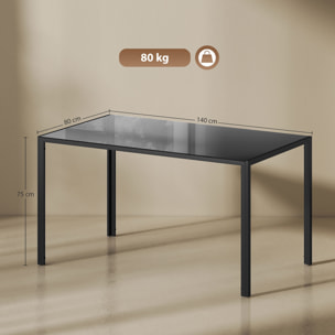 Mesa de Comedor de Cristal, Mesa Rectangular para 6 Personas con Patas de Metal, para Cocina, Salón, 140x80x75 cm, Negro