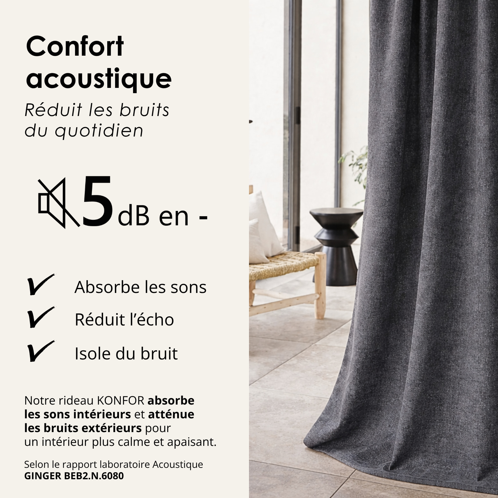Rideau thermique phonique et semi occultant à galons fronceurs KONFOR - Gris anthracite