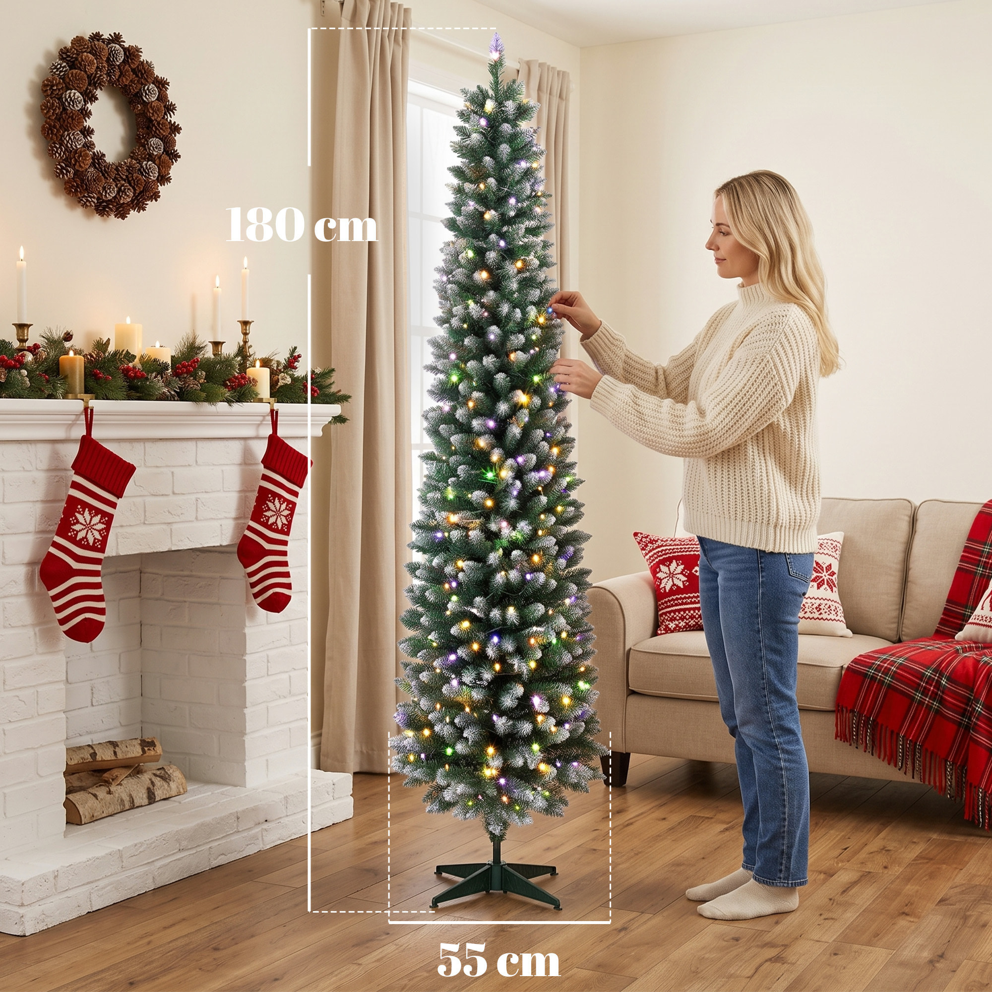 Árbol de Navidad Estrecho con 170 Luces LED Bicolor, 180 cm, Árbol de Navidad de Abeto Nevado, 351 Ramas Ignífugas, 11 Modos, Mando a Distancia, Estructura de Acero, Verde y Blanco