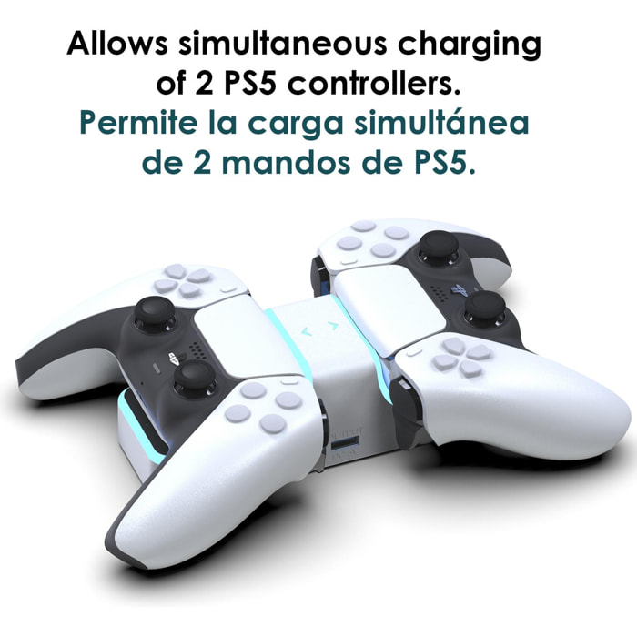 Doppio caricatore per 2 controller PS5. Include uscita di ricarica USB.