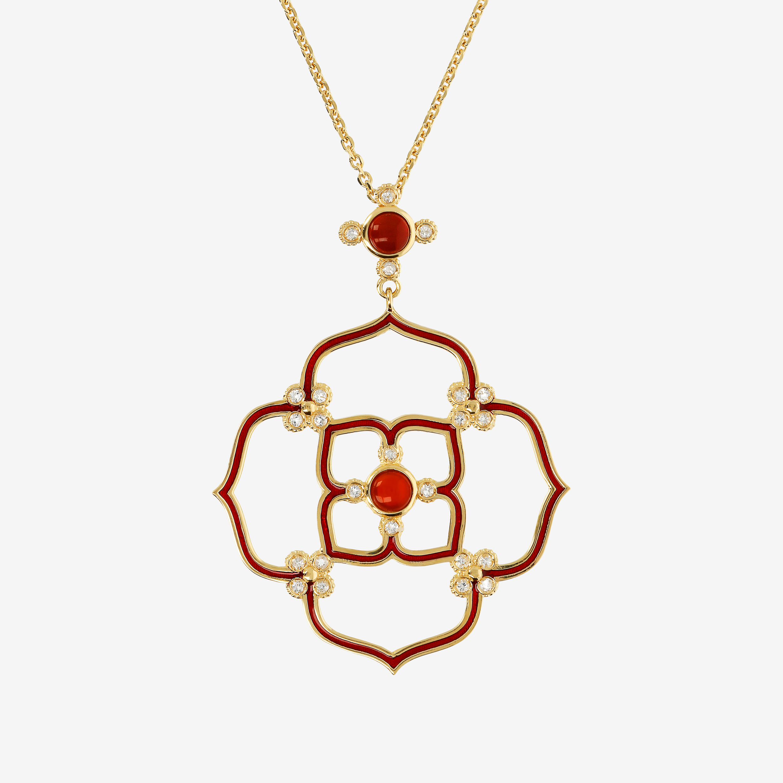 Collana Catena Rolo e Quadrifoglio con Topazio Bianco e Corniola Rossa in Argento 925 placcato Oro giallo 18Kt