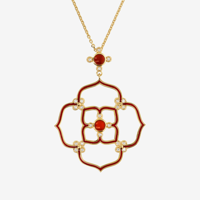 Collana Catena Rolo e Quadrifoglio con Topazio Bianco e Corniola Rossa in Argento 925 placcato Oro giallo 18Kt