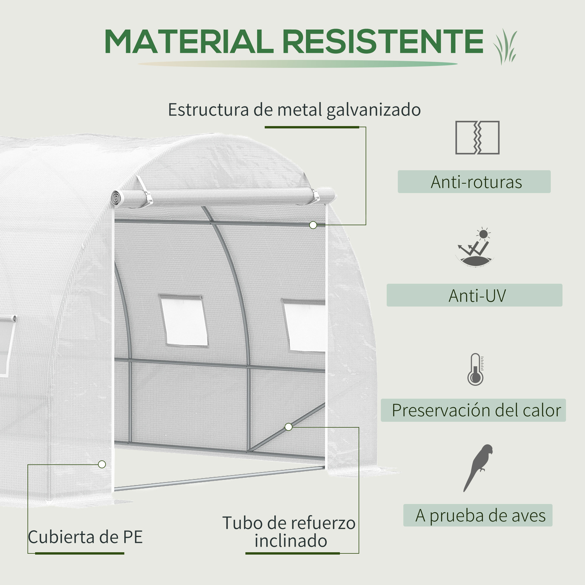 Invernadero de Túnel 6x3x2 m con Puerta Enrollable 12 Ventanas Cubierta de PE 140 g/m² y Metal Galvanizado para Cultivos Plantas Verduras Blanco