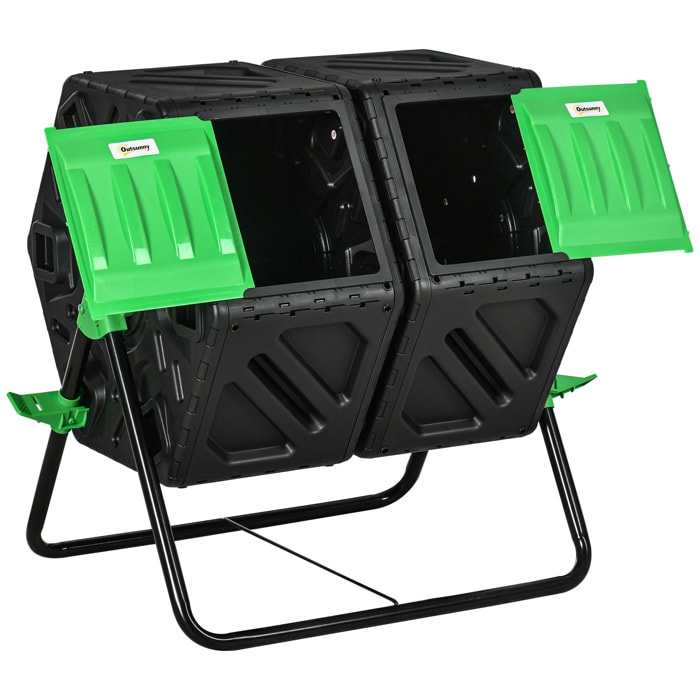 Composteur de jardin - bac à compost pour déchets - rotatif 360° - double chambre 130 L - acier PP vert noir