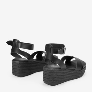Sandalias de piel con cuña de esparto negras