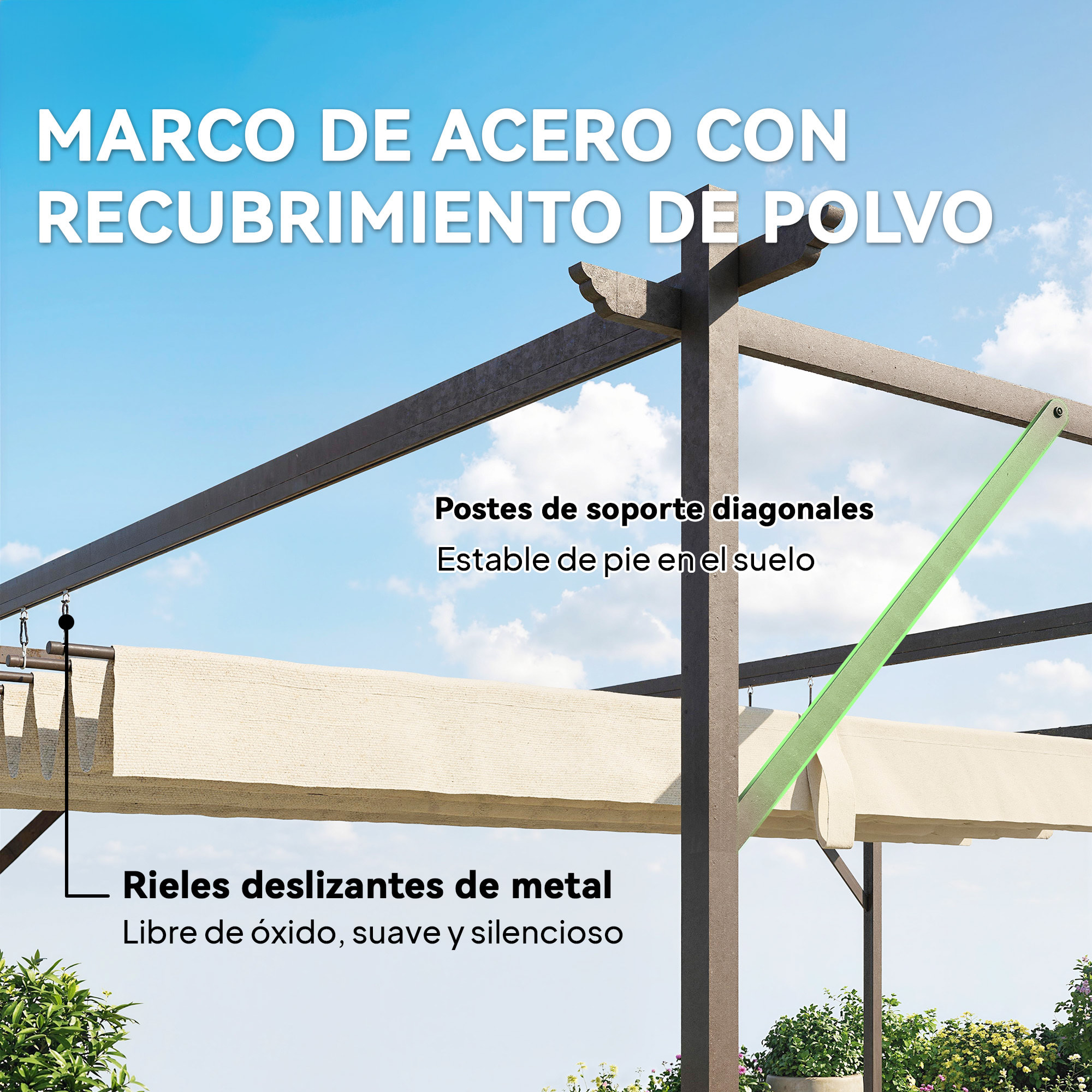 Pérgola de Pared de Jardín 4x3 m, Cenador de Jardín con Techo Retráctil, Protección UPF30+, Orificios de Drenaje y Estructura Metálica, Pabellón para Patio, Terraza, Exterior, Blanco Crema