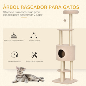 Árbol Rascador para Gatos Altura 148 cm Árbol para Gatos Torre para Gatos con Postes de Sisal 3 Plataformas Casita y Bola Colgante Beige