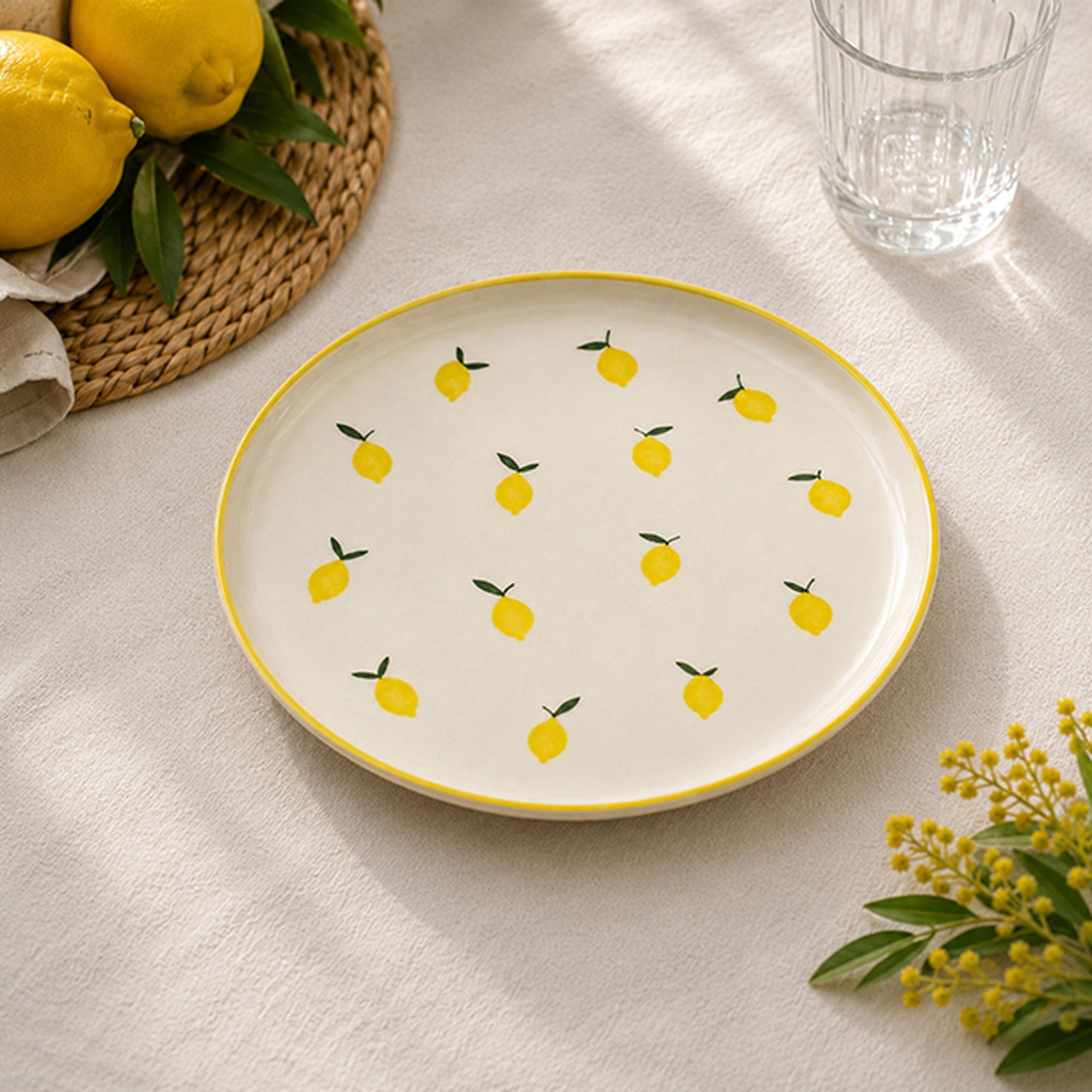 Lot de 6 assiettes plates 26cm en grès jaune et blanc à motif citron CITRON