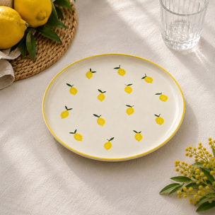 Lot de 6 assiettes plates 26cm en grès jaune et blanc à motif citron CITRON