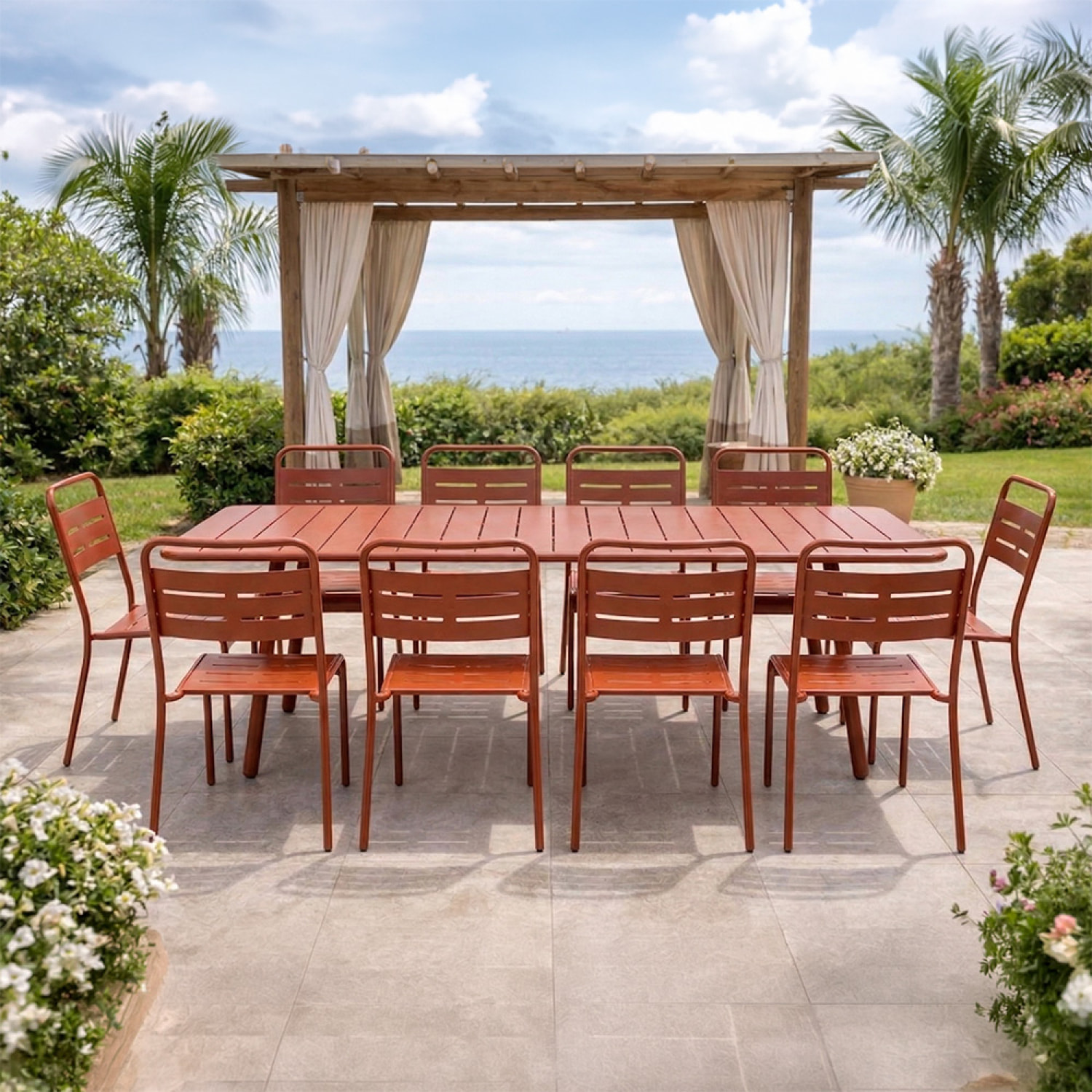 Ensemble table de jardin 200 cm et 8 chaises terracotta EVORA