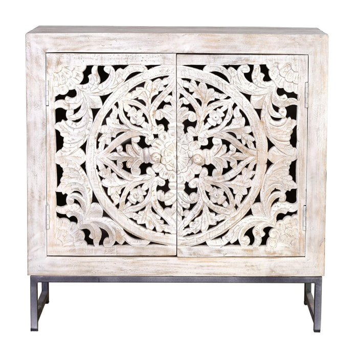 Cómoda de Madera de Mango 80 Cm Estilo Étnico Boho Tallado