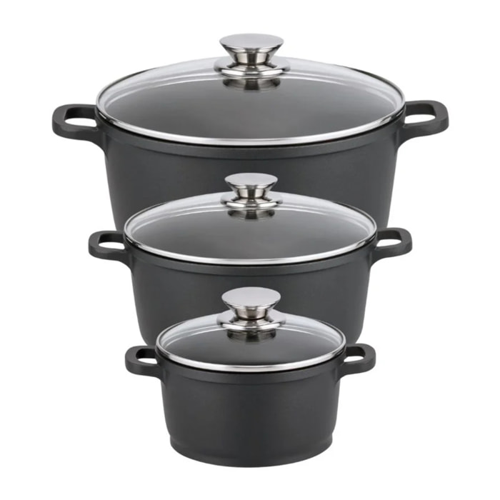 Set de 3 faitouts 16 cm 20 cm et 24 cm sans PFAS avec couvercles en verre Elo Alucast