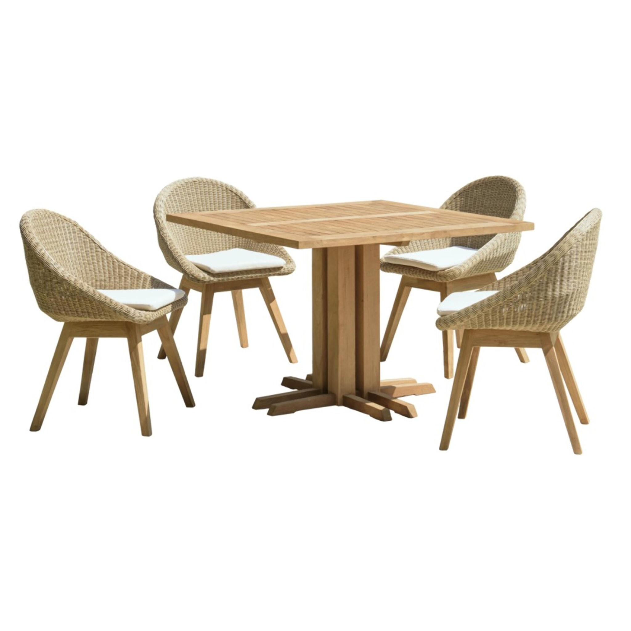 KALLY - Ensemble de jardin : table carrée en bois de teck recyclé et rotin synthétique, 4 pers.