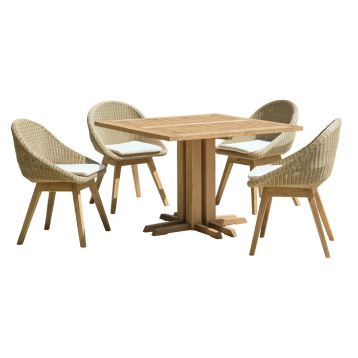 KALLY - Ensemble de jardin : table carrée en bois de teck recyclé et rotin synthétique, 4 pers.