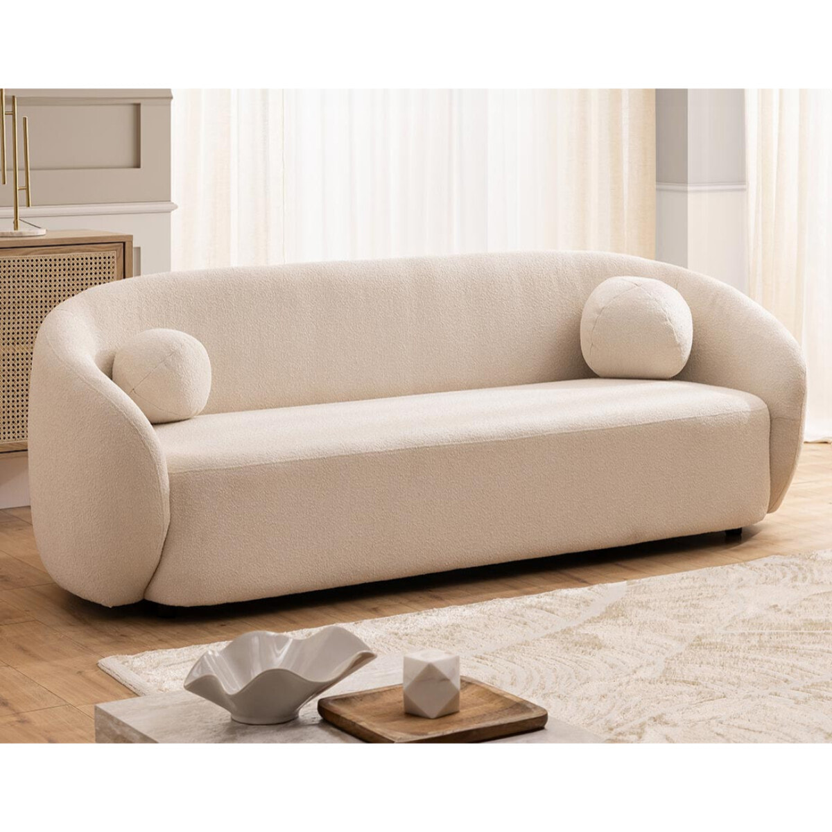 Flore - Canapé droit 3 places en tissu bouclette - Beige