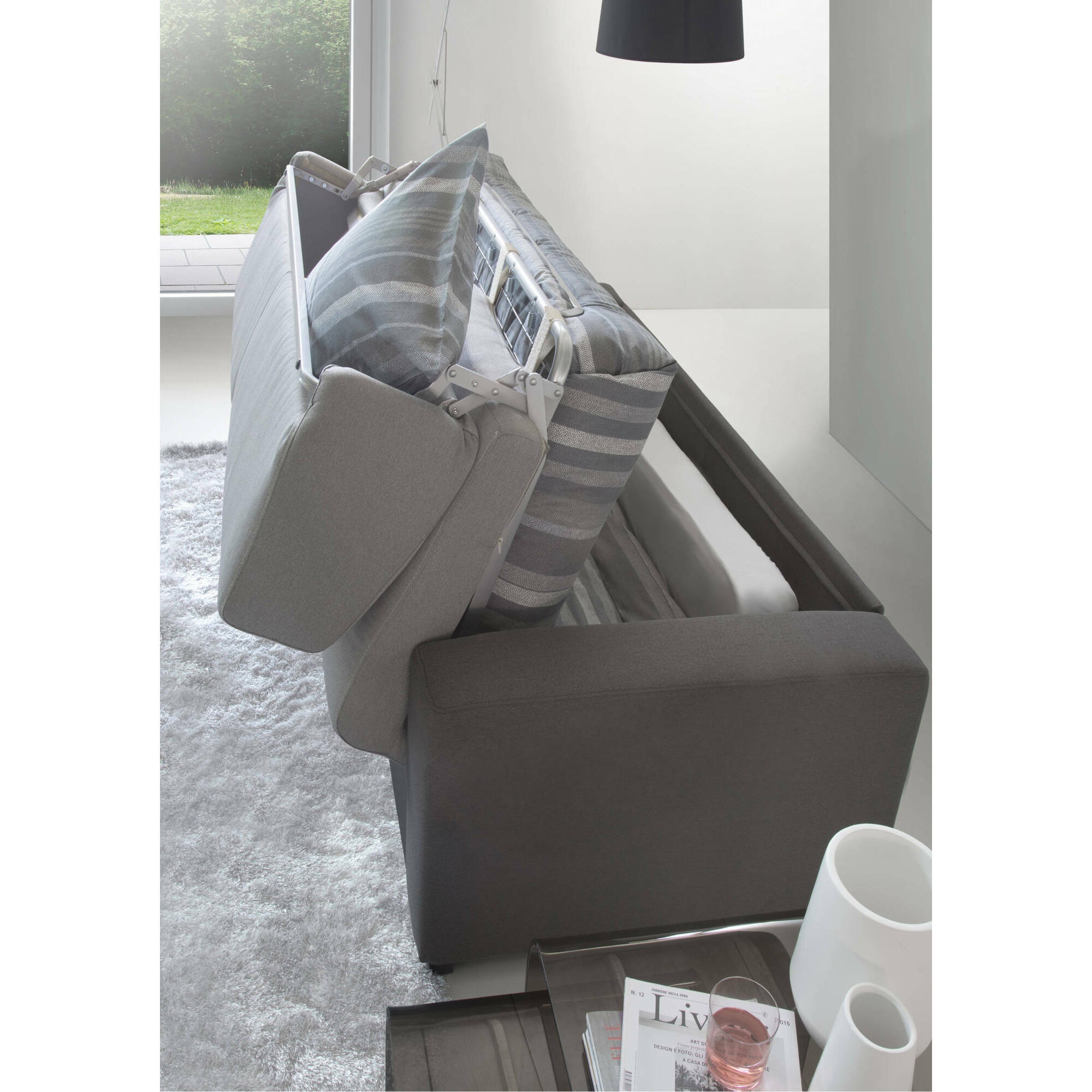 Divano Letto Alena, Divano a 2 posti, 100% Made in Italy, Sofà Soggiorno con apertura girevole, in tessuto imbottito, con Braccioli slim, Cm 160x95h90, Grigio e Antracite